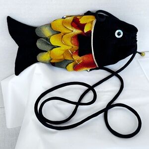Cathayana Fish Cross Body Bag Black Yellow Orange Green Scales Drawstring Top